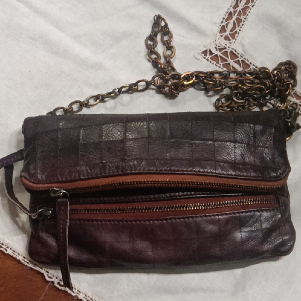 Free People Brown Capetown Leather Crossbody Chain Purse Fold over 3 zip